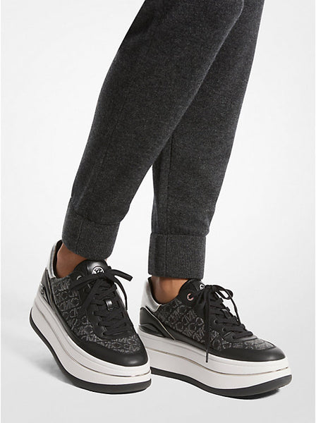 Women's Michael Kors Hayes Metallic Empire Monogram and Leather Trainer: Blk/SIL
